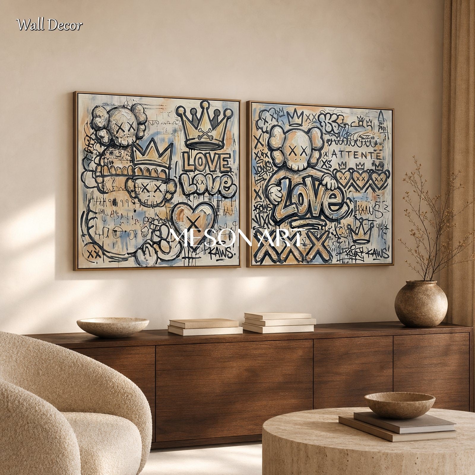 Urban Pop Art Graffiti Painting With Crown And Heart Motifs For Modern Living Room Decor