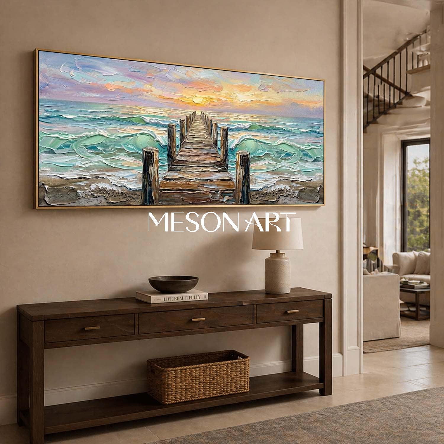Luxury Coastal Seascape Art With Golden Sunset And Textured Waves For Living Room