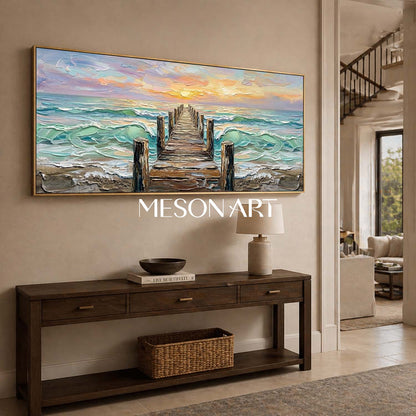Luxury Coastal Seascape Art With Golden Sunset And Textured Waves For Living Room
