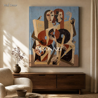 Beige And Blue Figurative Expressionist Art Rectangular Painting By Mesonart
