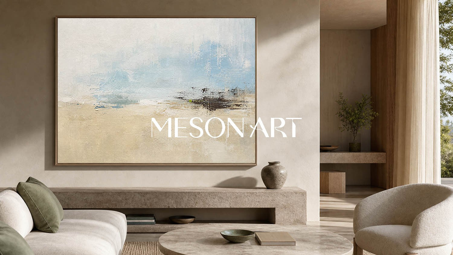 Abstract Blue And Beige Landscape Art For Tranquil Living Room Decor