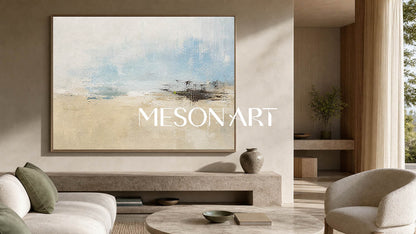 Abstract Blue And Beige Landscape Art For Tranquil Living Room Decor