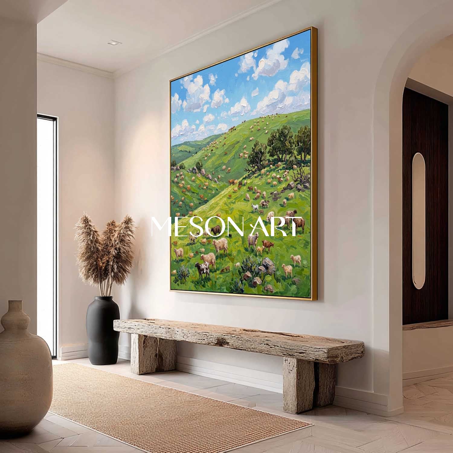 Green Pasture Landscape Oil Painting With Cows For Modern Farmhouse Living Room Decor