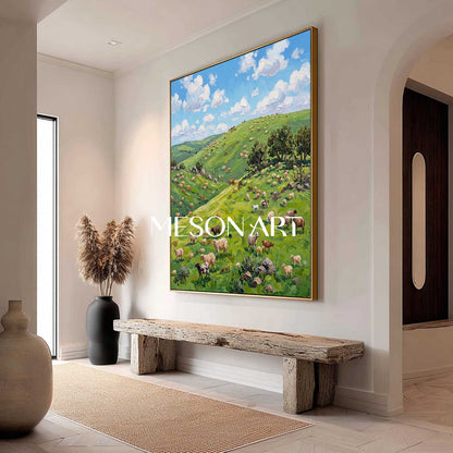 Green Pasture Landscape Oil Painting With Cows For Modern Farmhouse Living Room Decor