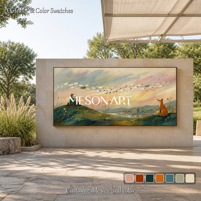 Green And Orange Surreal Painting With Shepherd Sheep Fox Rectangular Wall Art For Living Room Original Artist By Mesonart