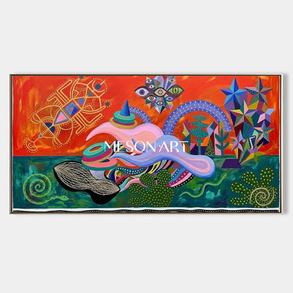 Vibrant Surrealist Painting With Orange And Green Tones For Modern Living Room Wall Art