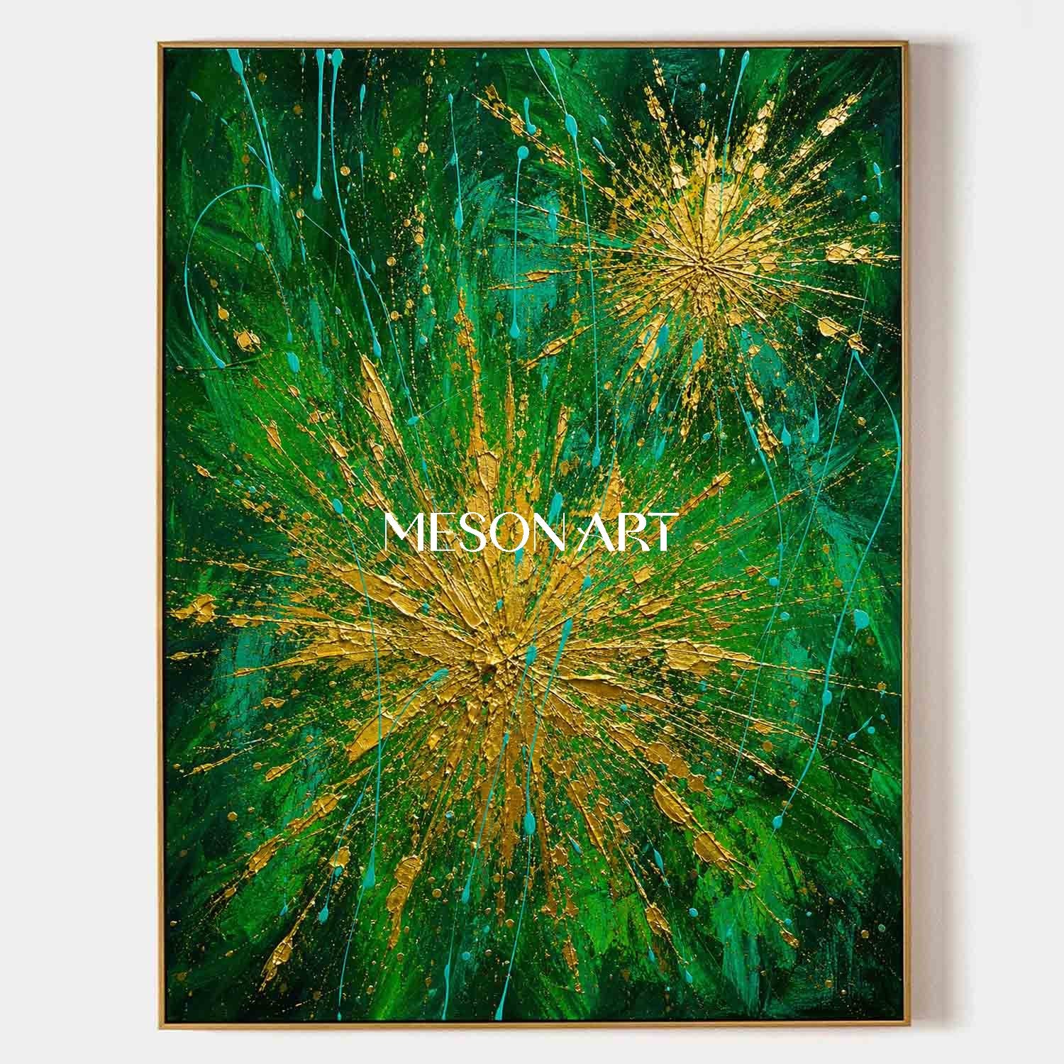 Green And Gold Abstract Painting With Textured Relief And Metallic Accents For Modern Living Room