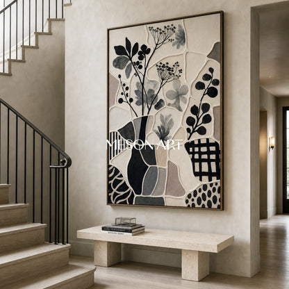 Wabi Sabi Botanical Art With Textured Relief For Modern Living Room Decor