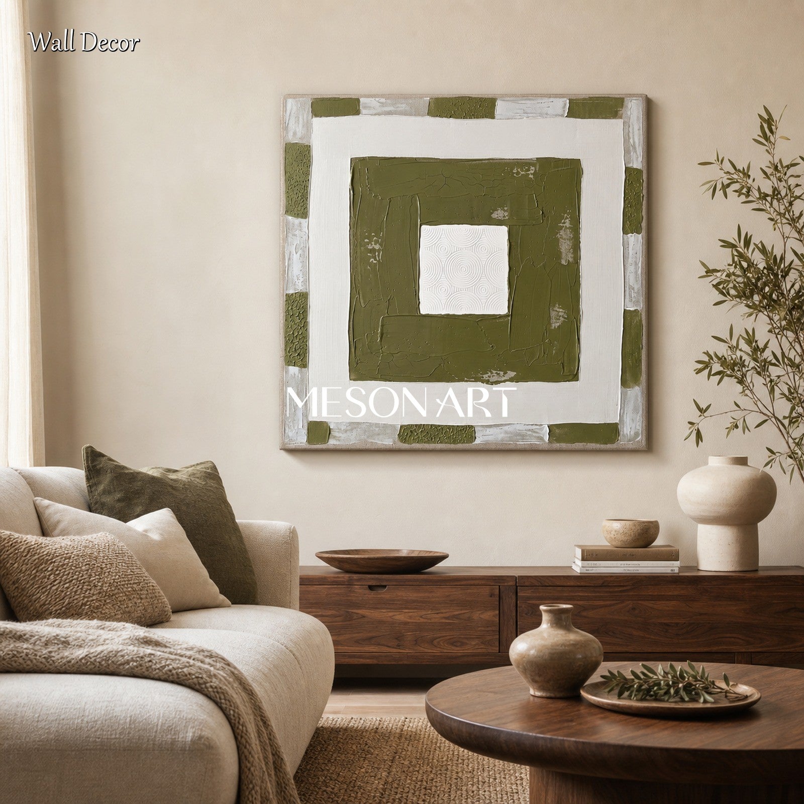 Original Green And White Minimalist Art With Textured Relief For Modern Home Decor