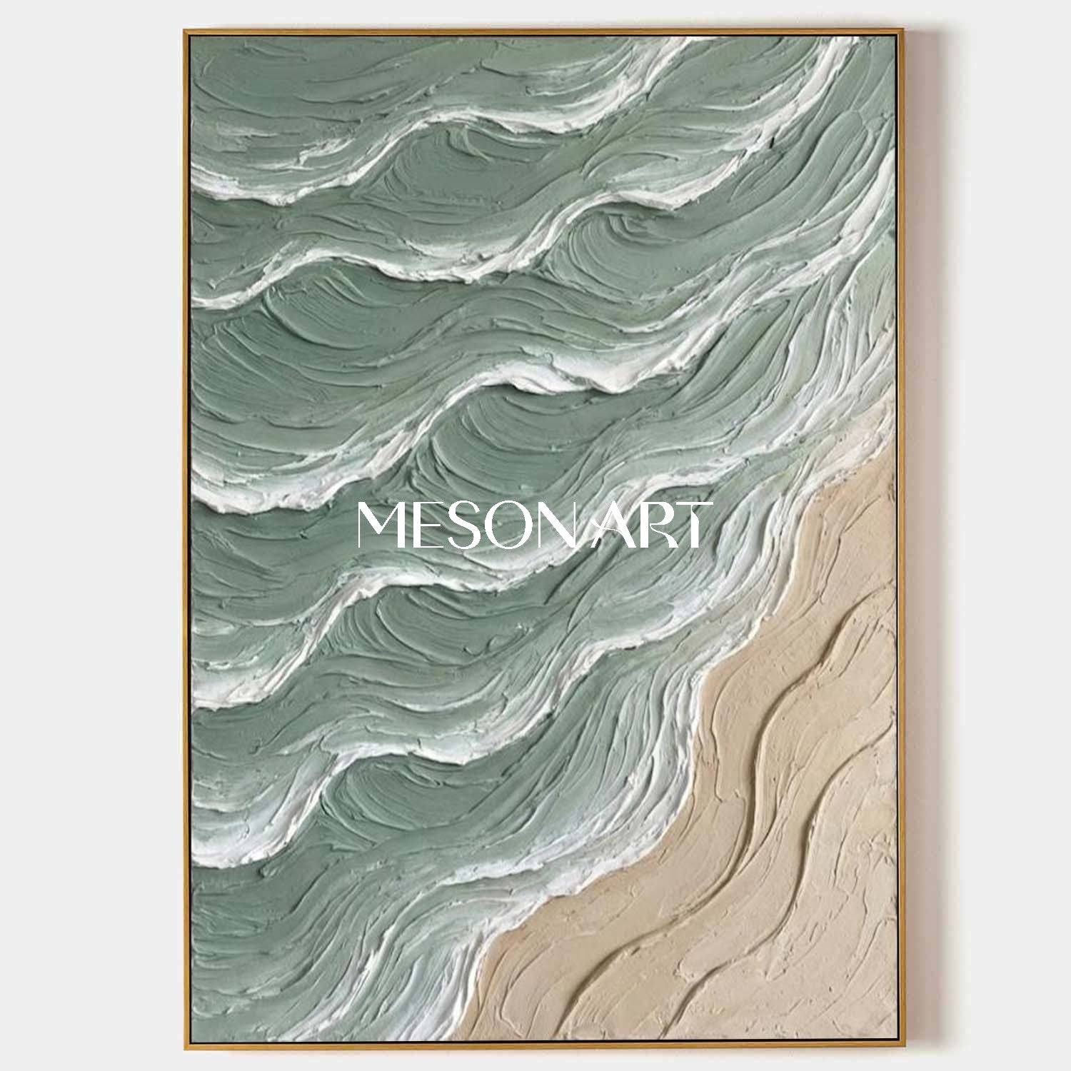 Large White And Green Wave Canvas Wall Painting Minimalist Wave Wall Art Decoration