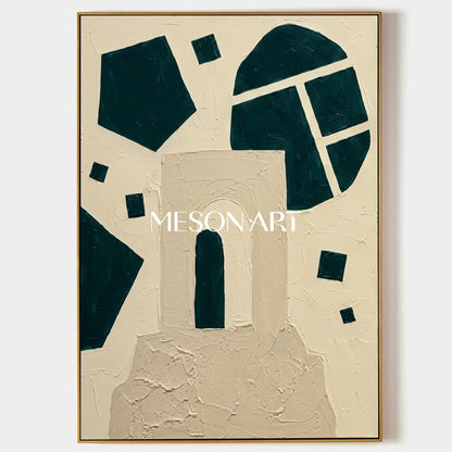 MesonArt 3D Geometric Arch Plaster Canvas | Teal & Beige Wall Art