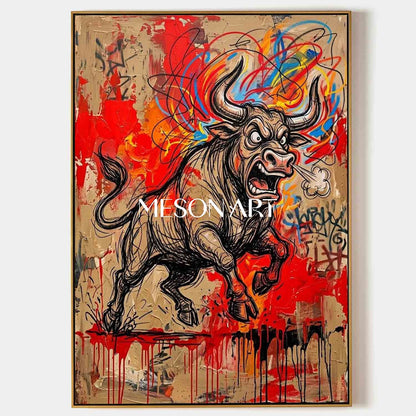 MesonArt Abstract Charging Bull Canvas Painting Red Graffiti Plaster Textured Wall Art for Modern Office Decor