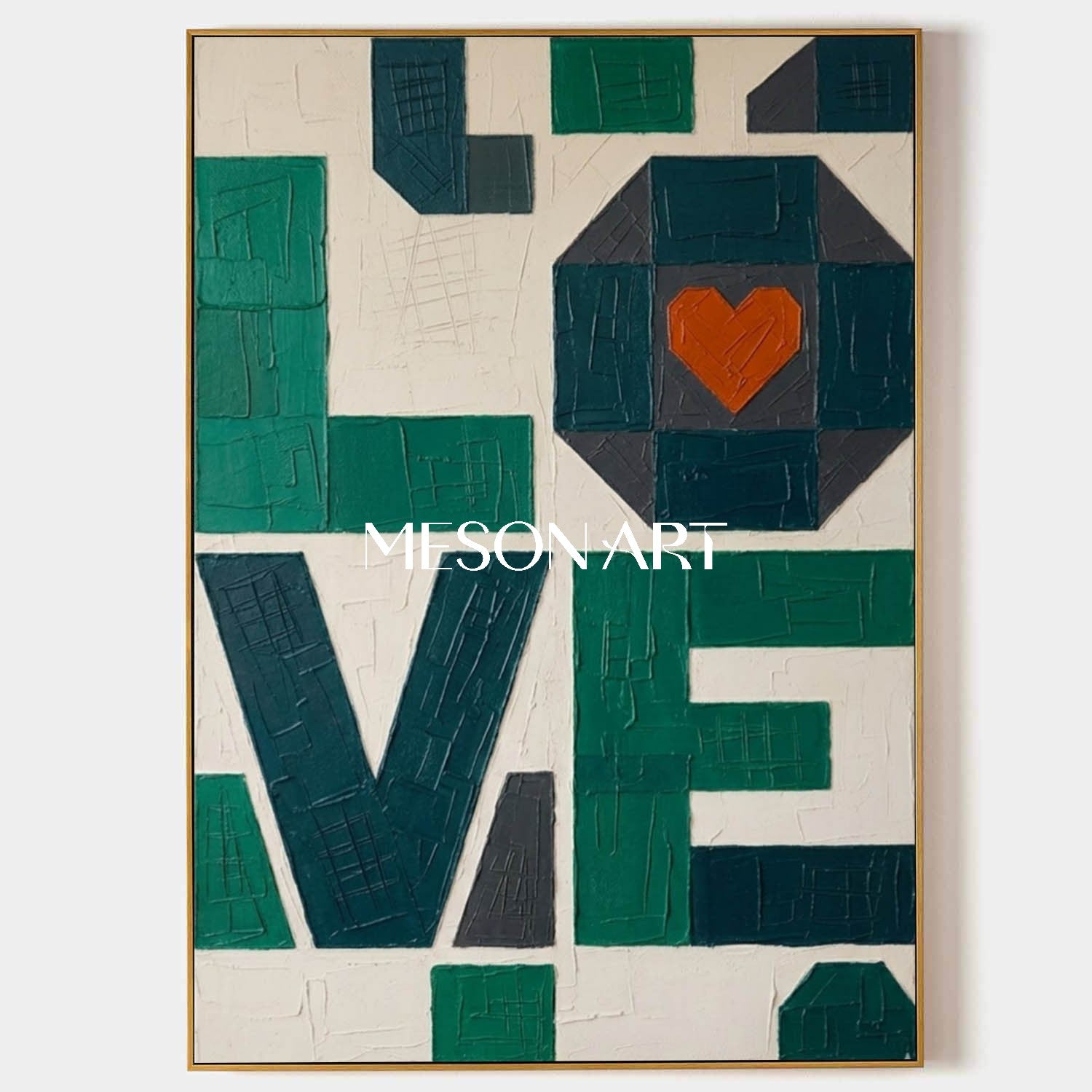 MesonArt 3D Textured Emerald Green LOVE Canvas Art | Geometric Plaster Wall Decor
