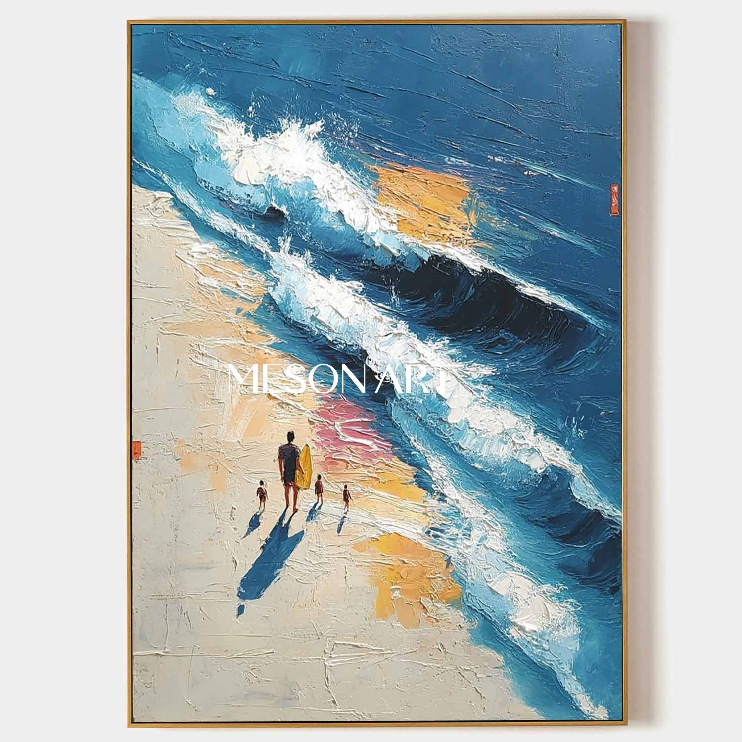 Large 3D Family Beach Surf Wall Art Family Beach Walking Lovers Abstract Texture Canvas Painting