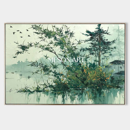 Japanese Wabi-Sabi Wall Art – Textured Nature Scene in Greens