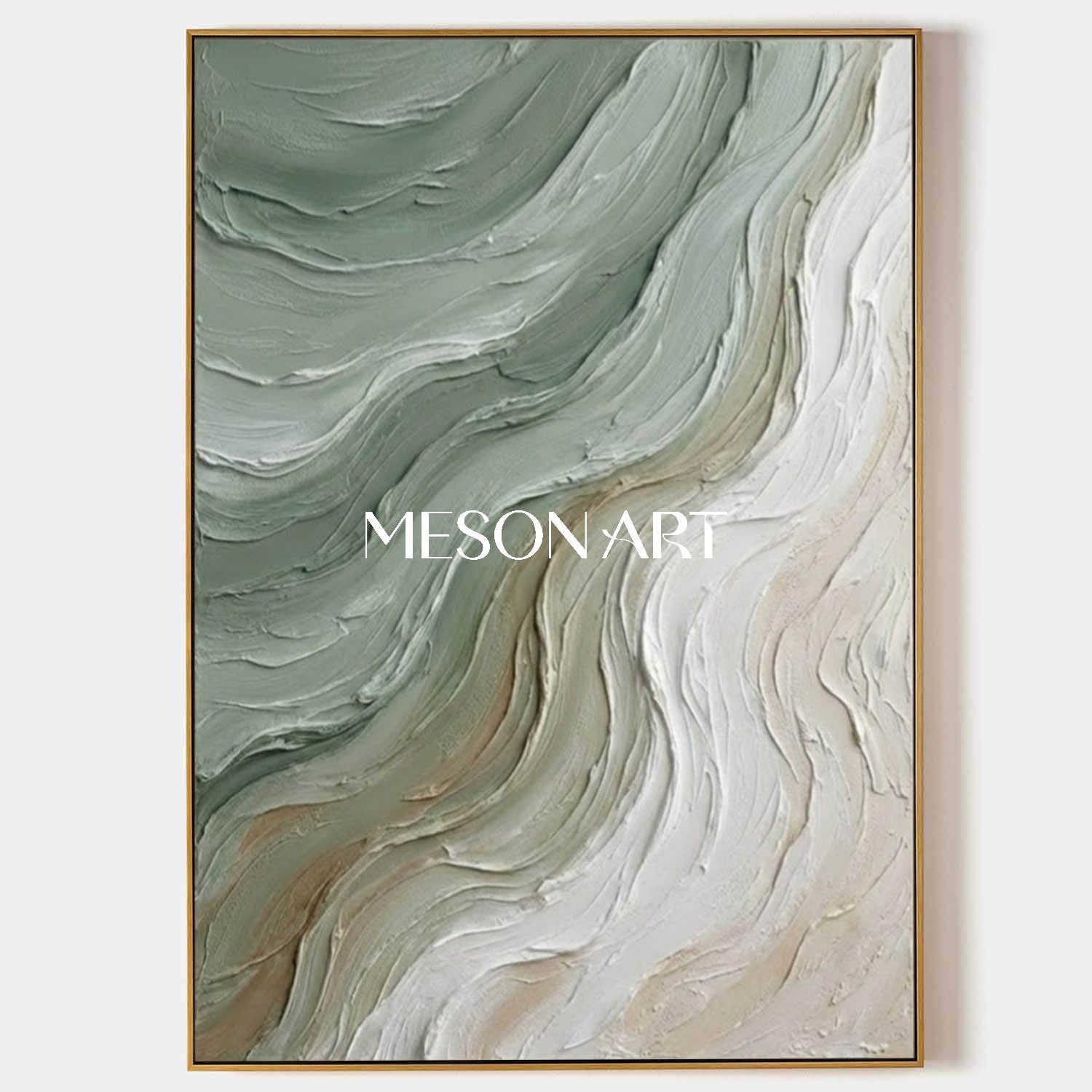 Large White And Green Wave Canvas Wall Painting Minimalist Wave Wall Art Decoration