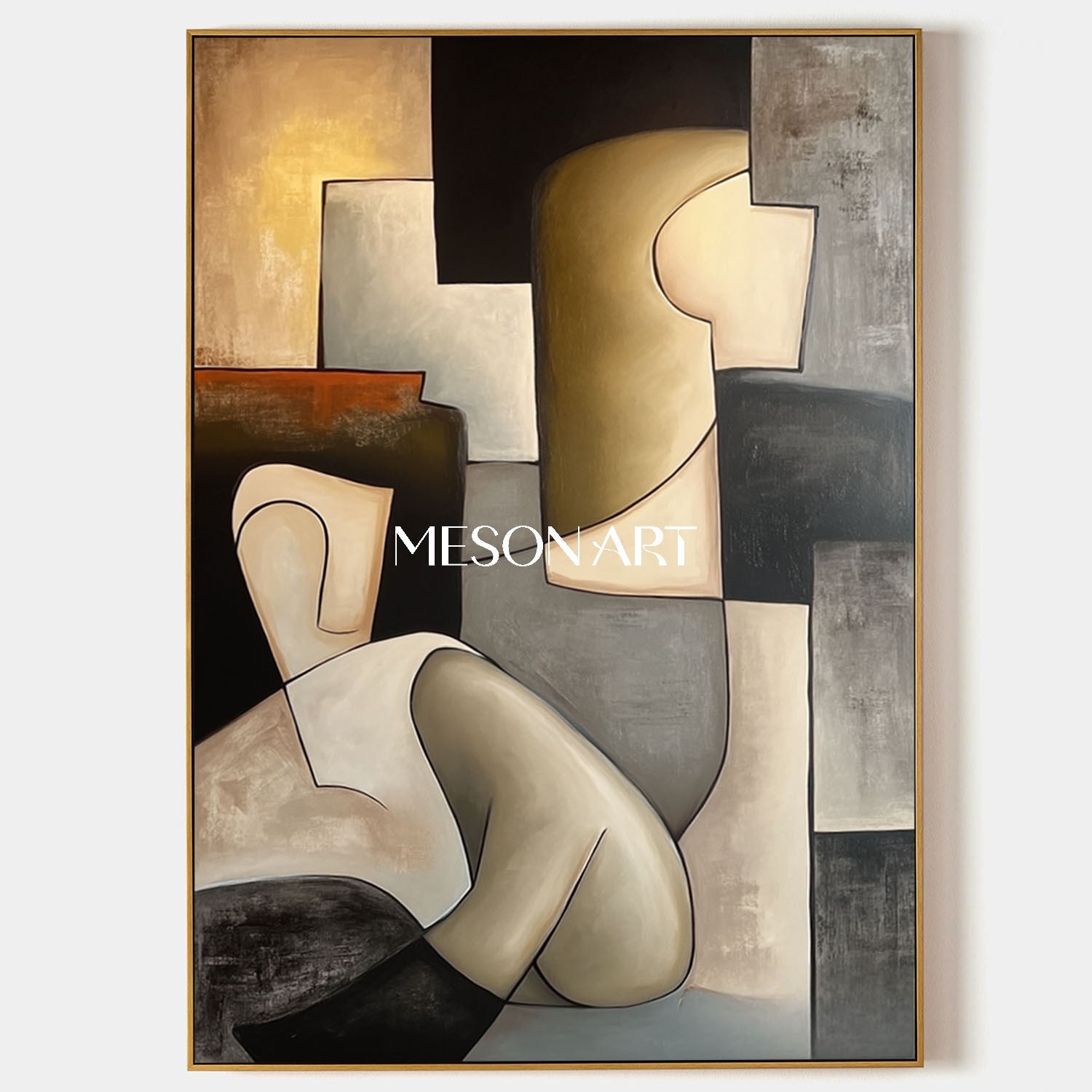 Large Picasso Style Cubist Oil Painting Black Gold Wall Art Bathroom