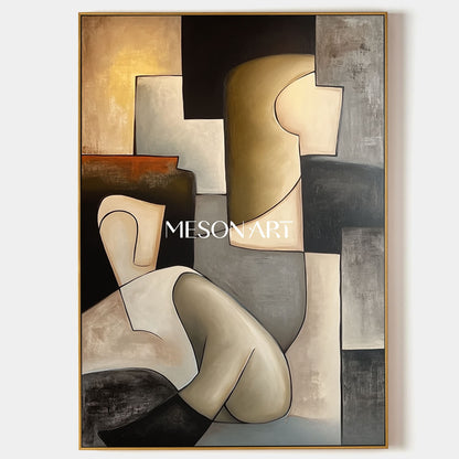 Large Picasso Style Cubist Oil Painting Black Gold Wall Art Bathroom