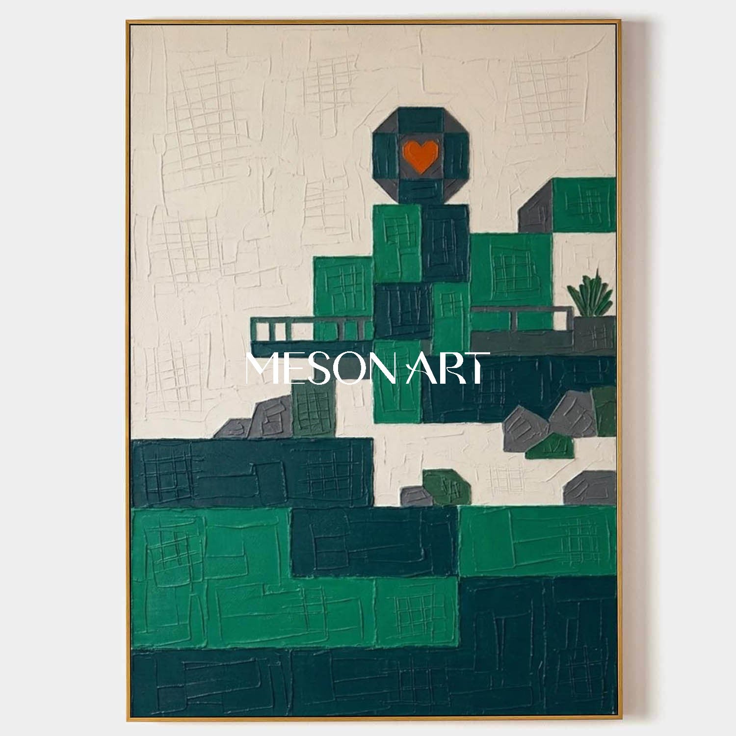 3D Textured Emerald Green Cityscape Canvas Wall Art | Geometric Urban Skyline Plaster Decor