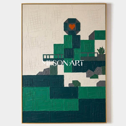 3D Textured Emerald Green Cityscape Canvas Wall Art | Geometric Urban Skyline Plaster Decor