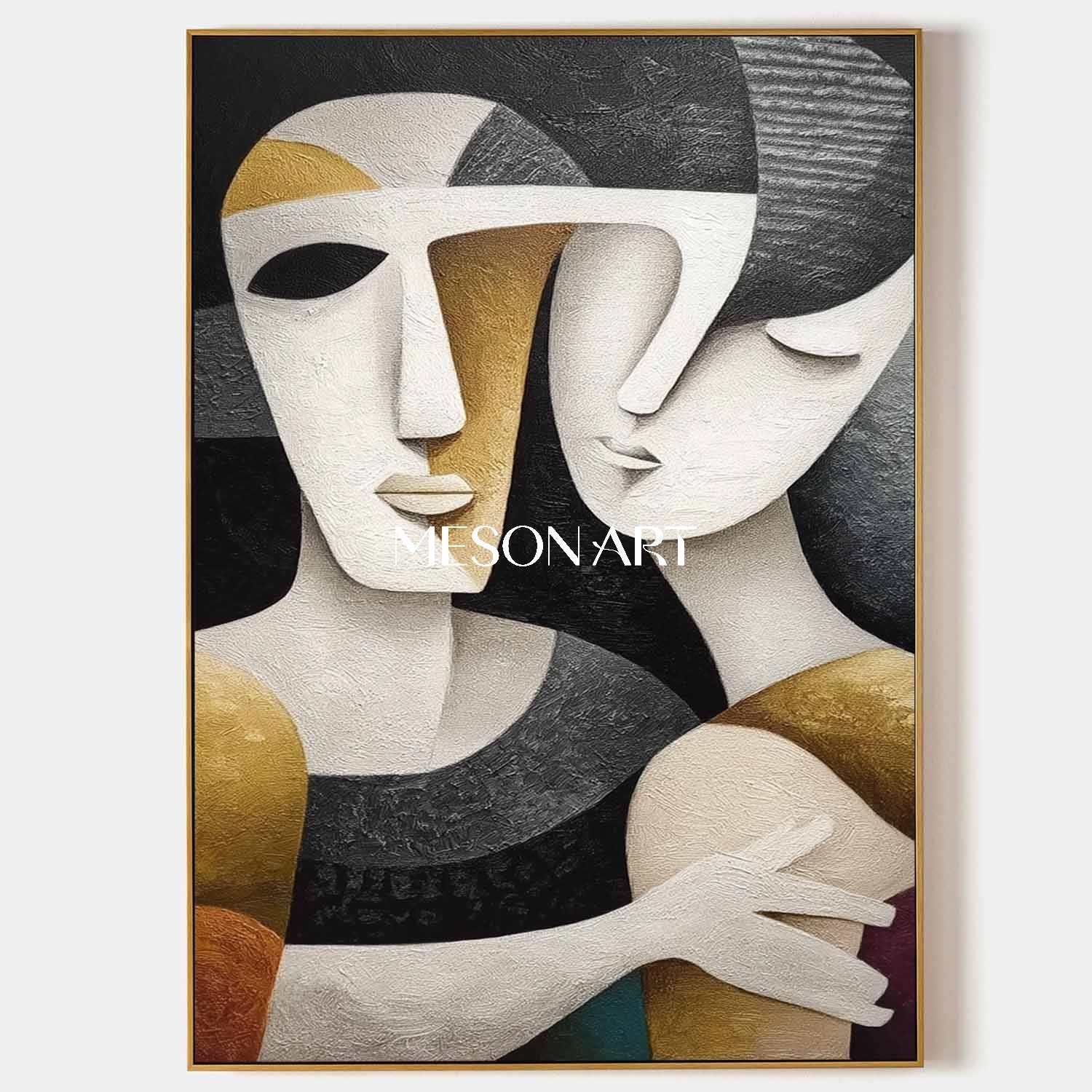 Large Black Textured Vertical Cubist Figure Art Minimalist Wall Decor