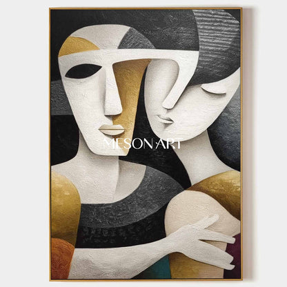 Large Black Textured Vertical Cubist Figure Art Minimalist Wall Decor