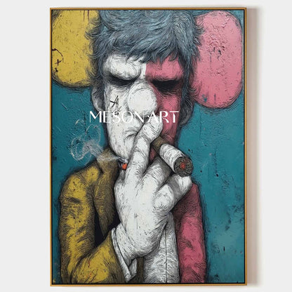 Large Man smoking a cigar texture painting Man smoking a cigar portrait abstract canvas wall art