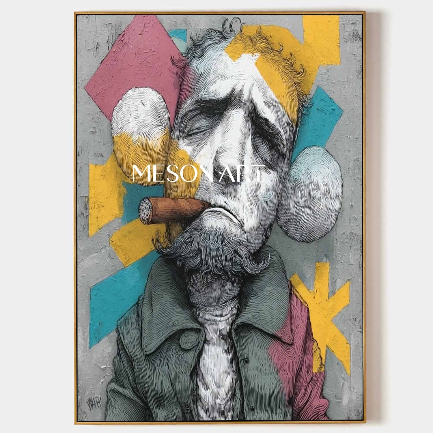 Large Man smoking cigar abstract portrait painting Cigar shop abstract canvas wall art decoration