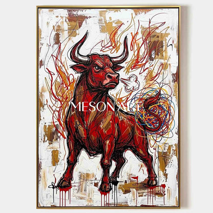 Angry Red Bull Heavily Textured Abstract Modern Oil Painting, Gold Framed Canvas Wall Art for Living Room and Office Decor.