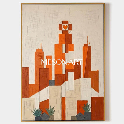 MesonArt 3D Textured Abstract Cityscape Canvas Painting | Warm Orange Geometric Plaster Wall Art | Framed Modern Home Decor