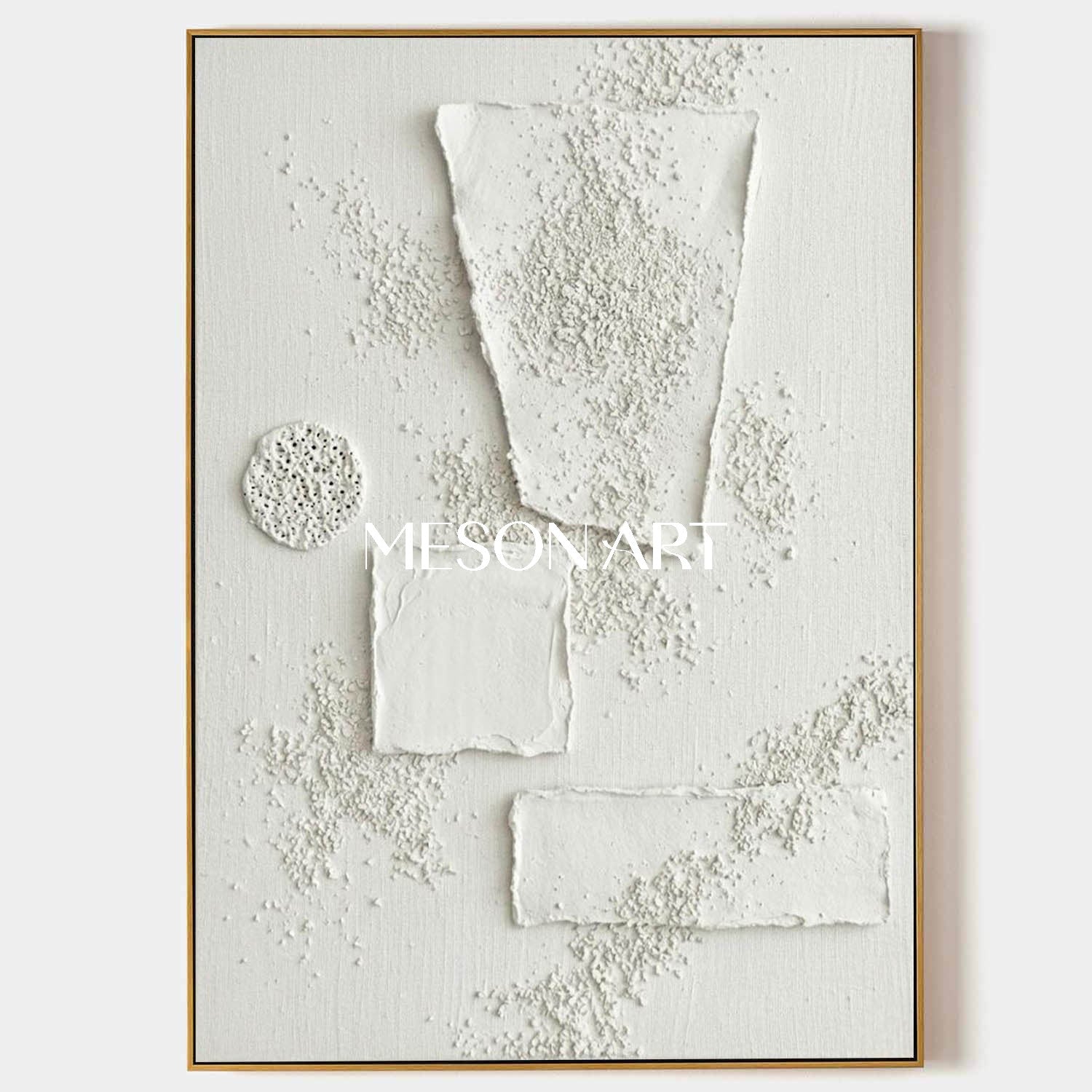 Modern 3D White Geometric Textured Canvas Painting - Abstract Plaster Relief Wall Art by MesonArt