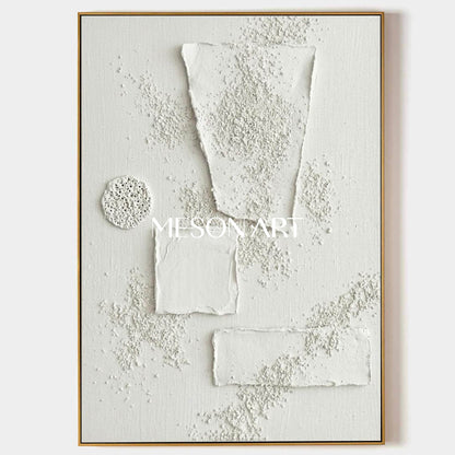 Modern 3D White Geometric Textured Canvas Painting - Abstract Plaster Relief Wall Art by MesonArt
