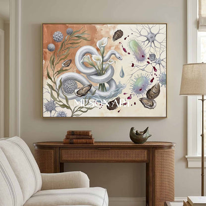 Original Bio Surrealist White Snake Oil Painting Luxury Villa Decor