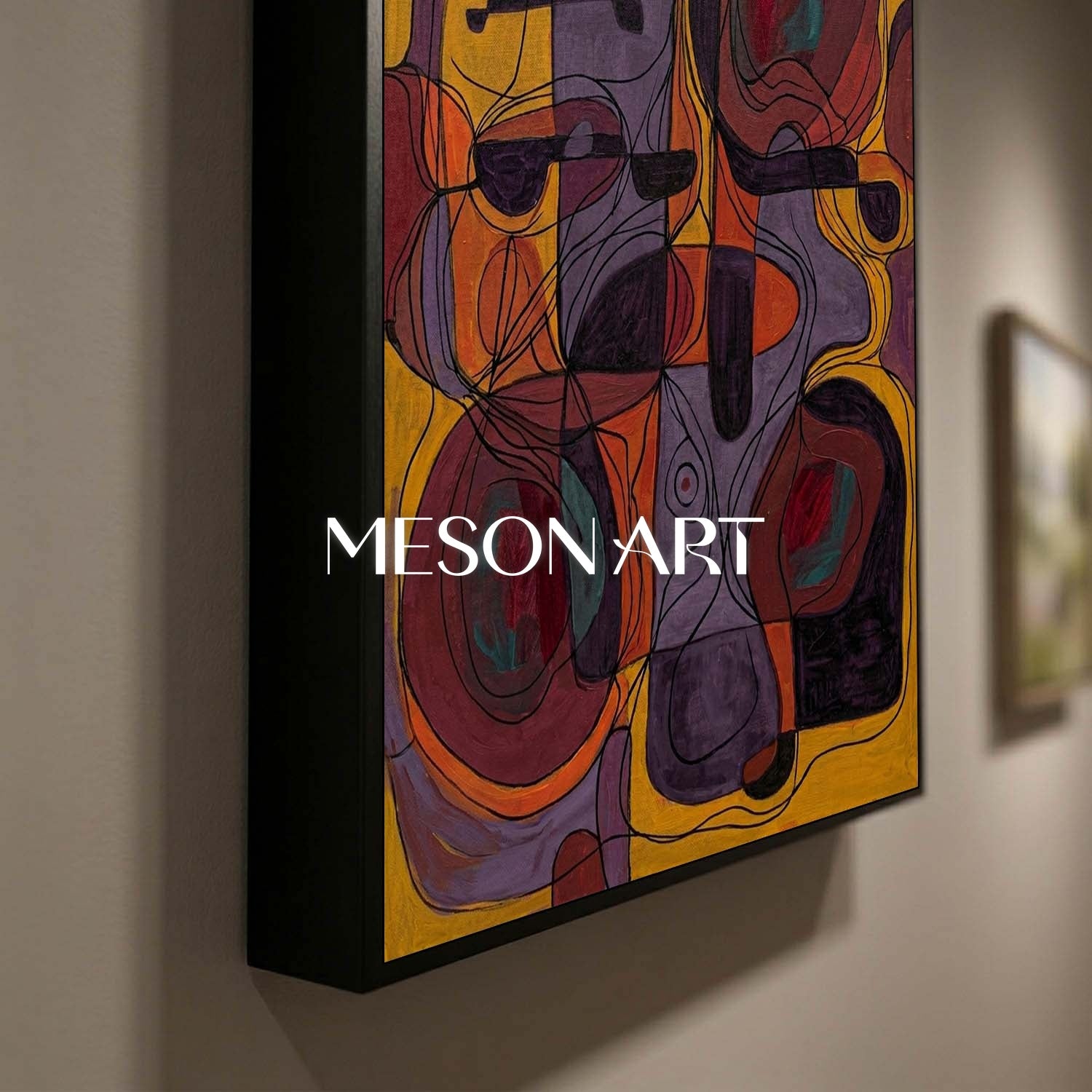 Contemporary Abstract Painting With Golden And Purple Hues For Modern Living Room Decor