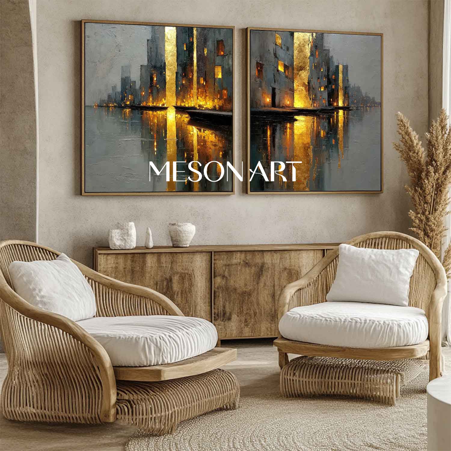 Large Abstract Gold and Grey Cityscape Wall Art Set of 2 Modern Textured Canvas Paintings
