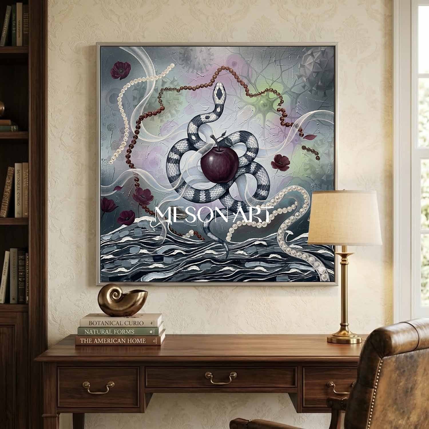 Original Surrealist Snake Oil Painting Apple Framed Wall Art Bathroom