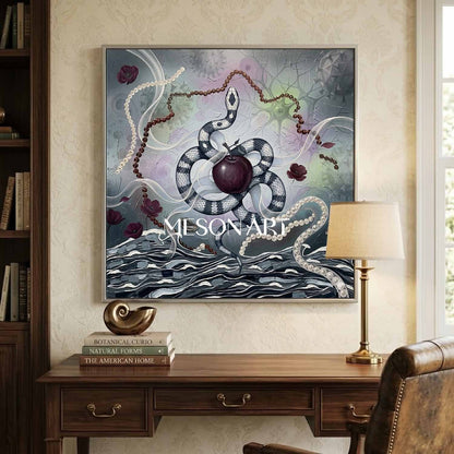 Original Surrealist Snake Oil Painting Apple Framed Wall Art Bathroom