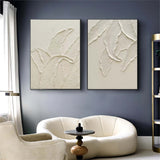 White Leaf Textured Canvas Art Set of 2 Heavy Textured Acrylic Painting Plaster Wall Art