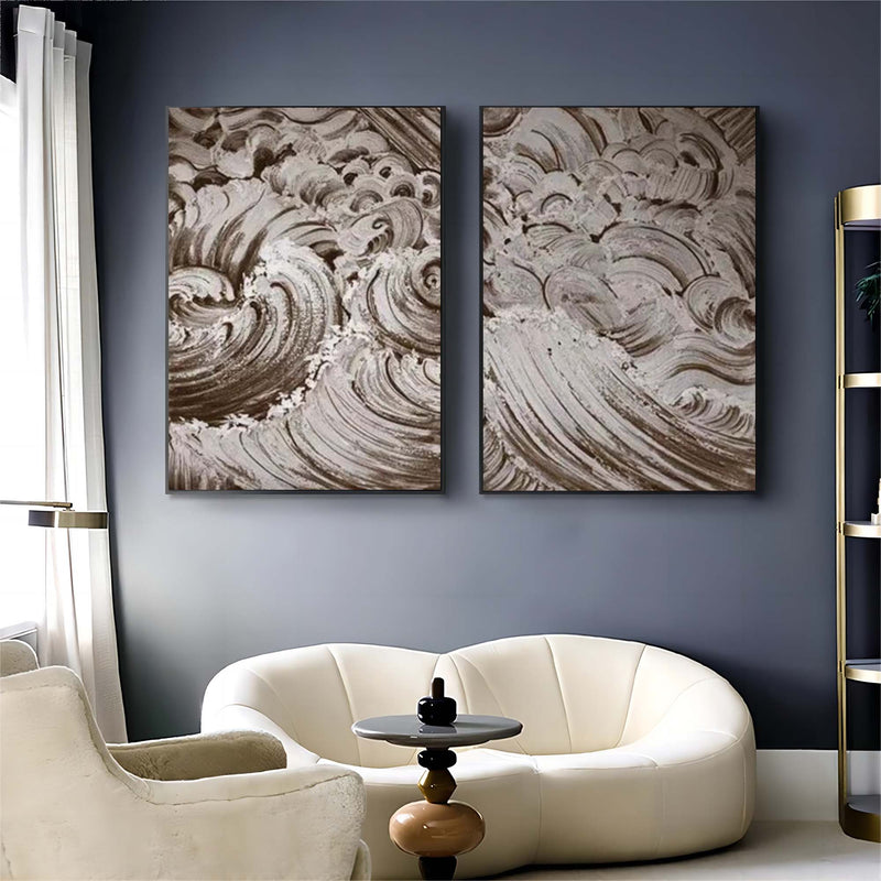 White Ocean Wave Textured Canvas Painting Set of 2 Wabi-Sabi Wall Decor Art Minimalist Art