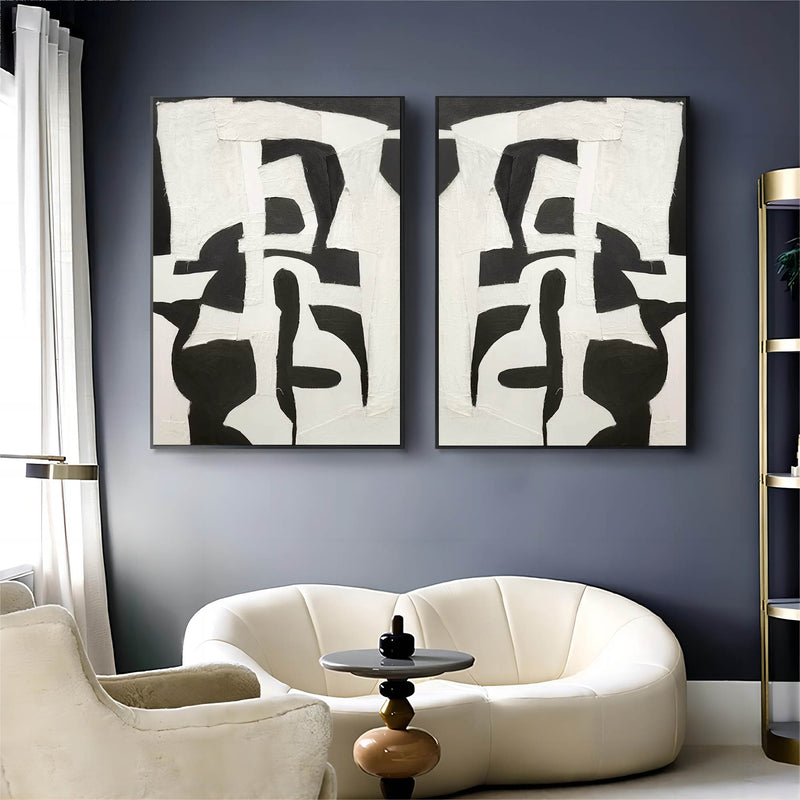 Black and White Texture Abstract Canvas Painting Set of 2 Wabi Sabi Wall Art Minimalist Abstract Art