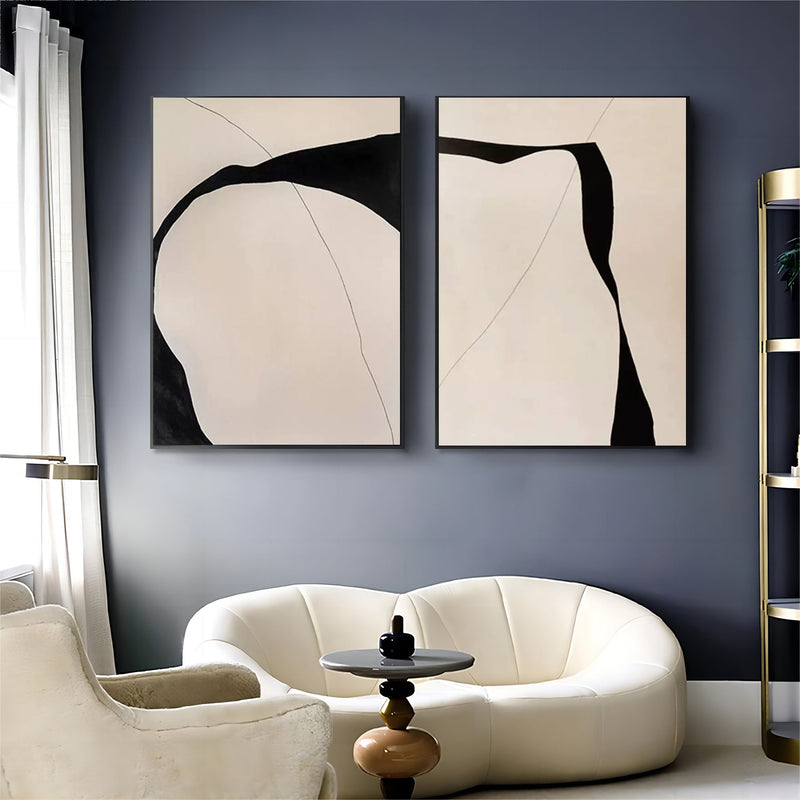 Beige and Black Minimalist Abstract Canvas Painting Set of 2 Wabi Sabi Art Canvas Textured Wall Art