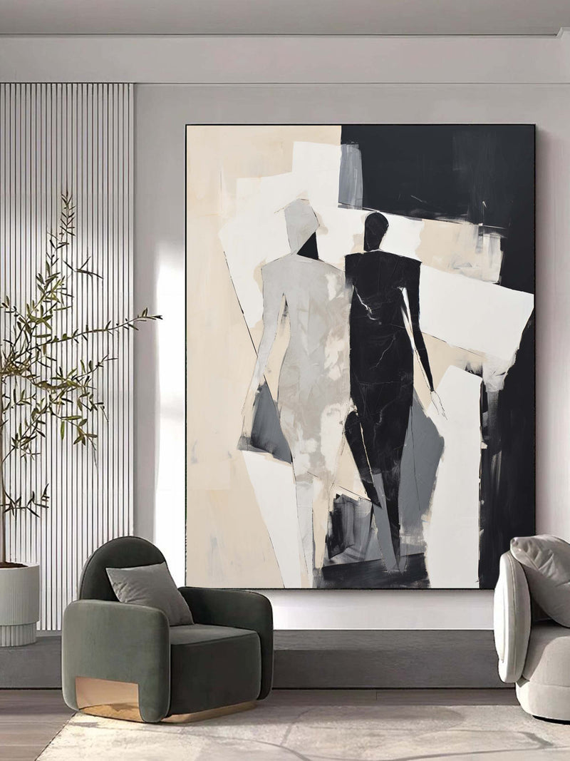 Black and Beige Couple Minimalist Wall Art Black and Beige Couple Abstract Texture Art Couple Pumping Painting on Canvas Contemporary Art