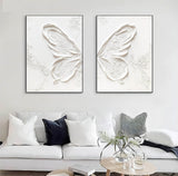White Butterfly Texture Acrylic Canvas Painting Plaster Painting on Canvas Set of 2 Plaster Wall Art