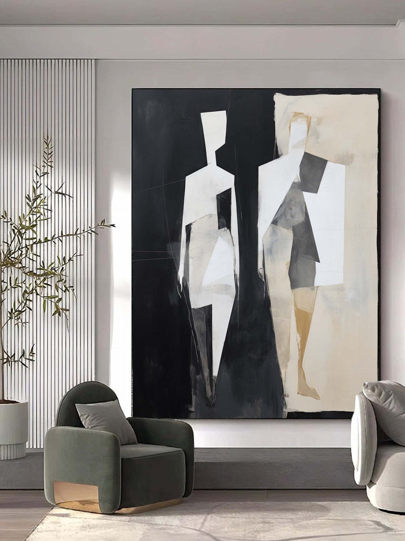 Black Abstract Art On Canvas Black And Beige Textured Wall Art Contemporary Minimalist Abstract Art Abstract Figures Abstract Wall Decor
