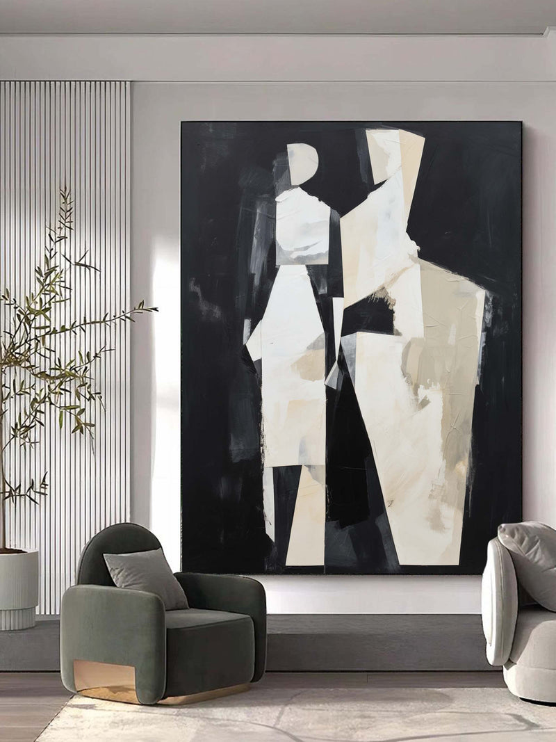 Black And Beige Abstract People Painting Abstract People Art Figure Abstract Painting Black and Beige Minimal Wall Art Modern Minimalist Art