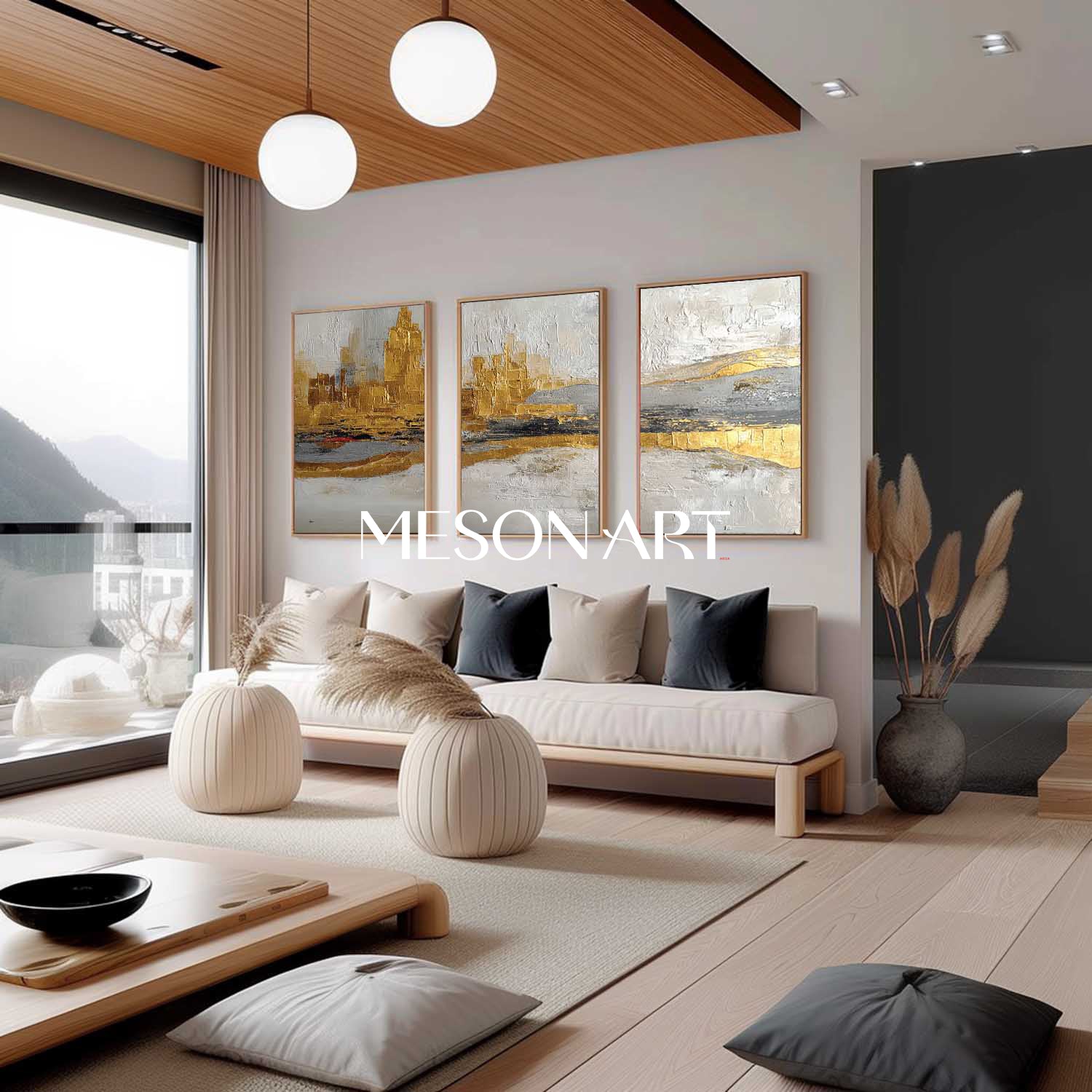 Modern Luxurious Abstract Canvas Wall Art Set Textured Gray and Golden Poainting