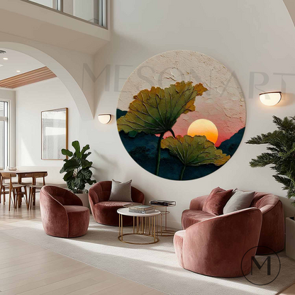 Nature-Inspired Summer Sunset Wall Art Round Canvas – Textured Round Painting for Zen Lotus Decor
