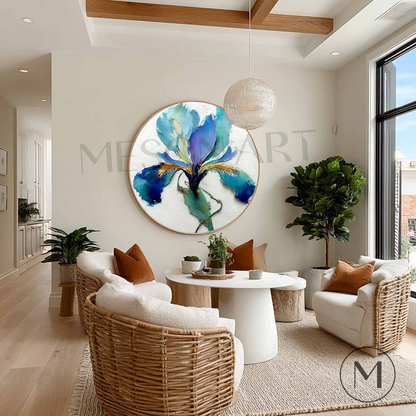 3D Iris Oil Painting on Round Canvas – Colorful Modern Wall Art for Spring Decor