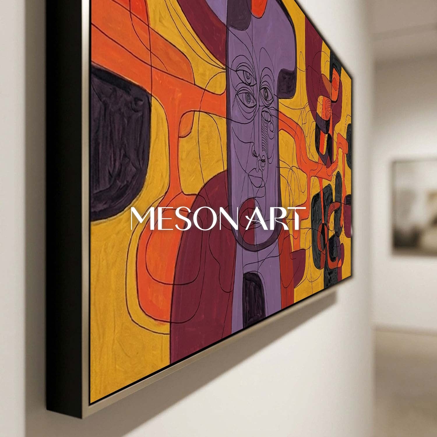 Contemporary Abstract Portrait Painting With Purple And Orange Tones For Modern Living Room Decor