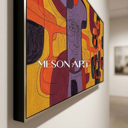 Contemporary Abstract Portrait Painting With Purple And Orange Tones For Modern Living Room Decor